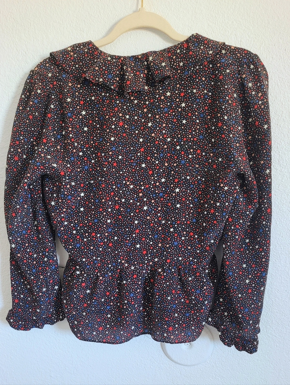 Madewell... Black Star-Print Ruffle Wrap Top with Red and Blue (96) - Picture 2 of 5